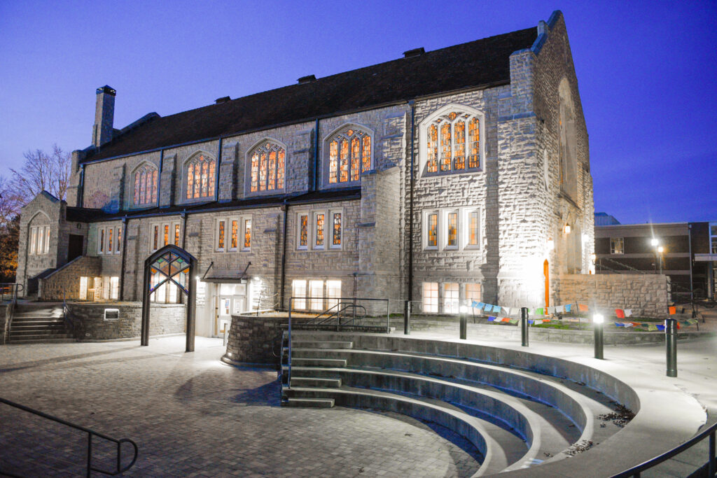 Chapel Exterior with Plaza Dusk