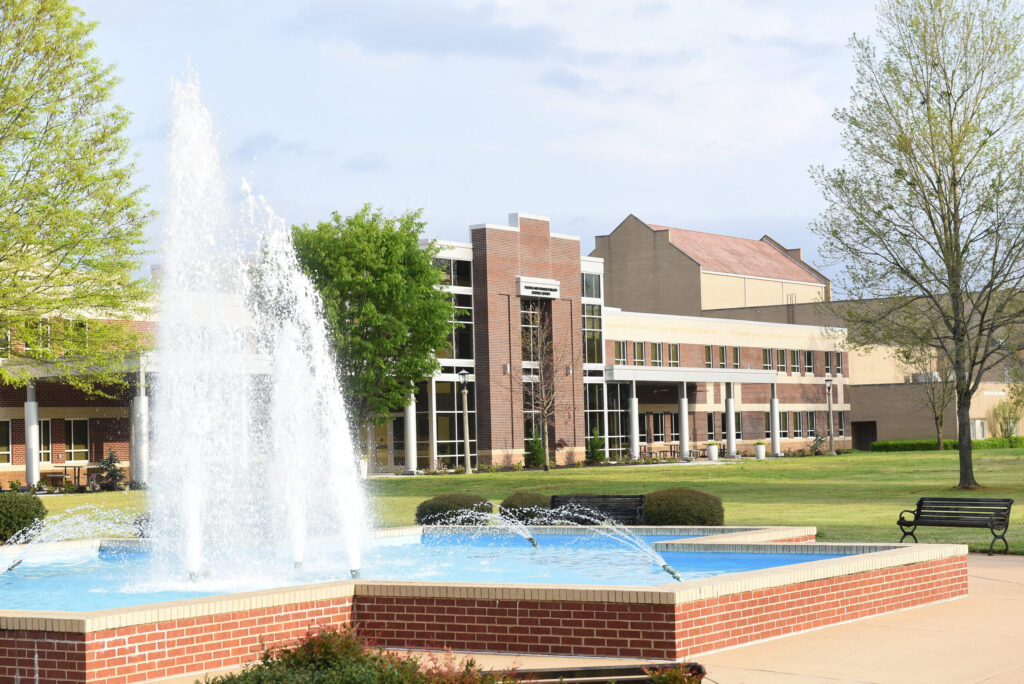Campus fountain and science building