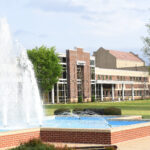 Campus fountain and science building