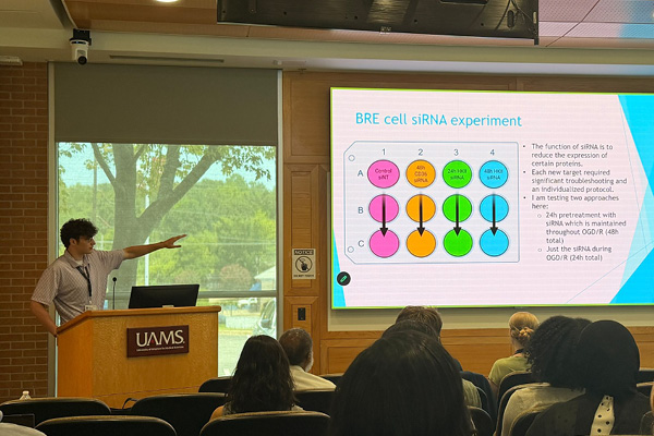 Ian Lecrone giving presentation at UAMS