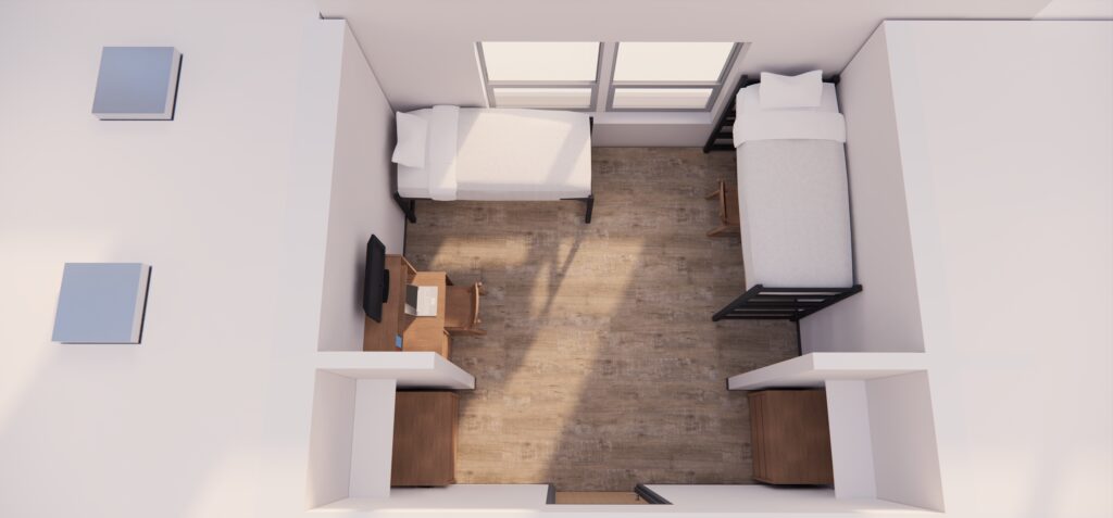 Rendering of a double occupancy room in the new freshman residence hall
