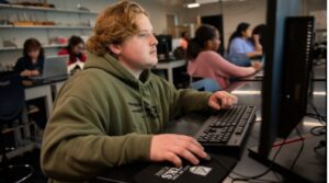 Student typing on computer