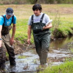 Student walking in creek during environmental class lab